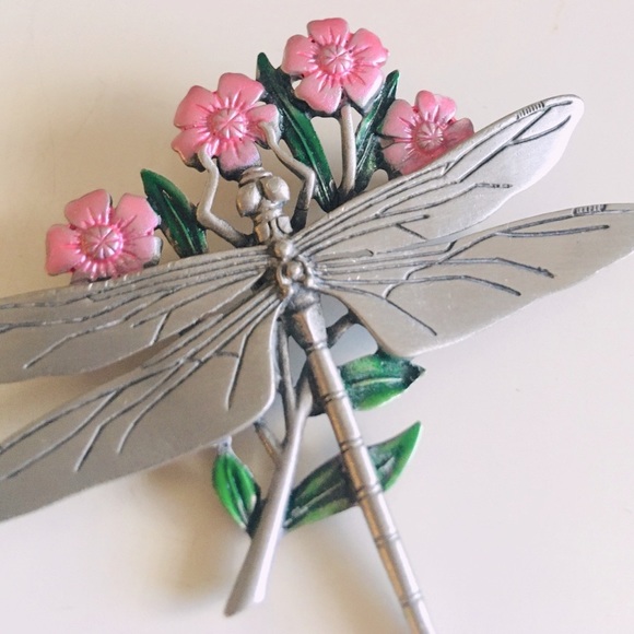JJ JONETTE JONES Vintage Pewter Dragonfly Pink Flowers Pin Brooch - Picture 4 of 7